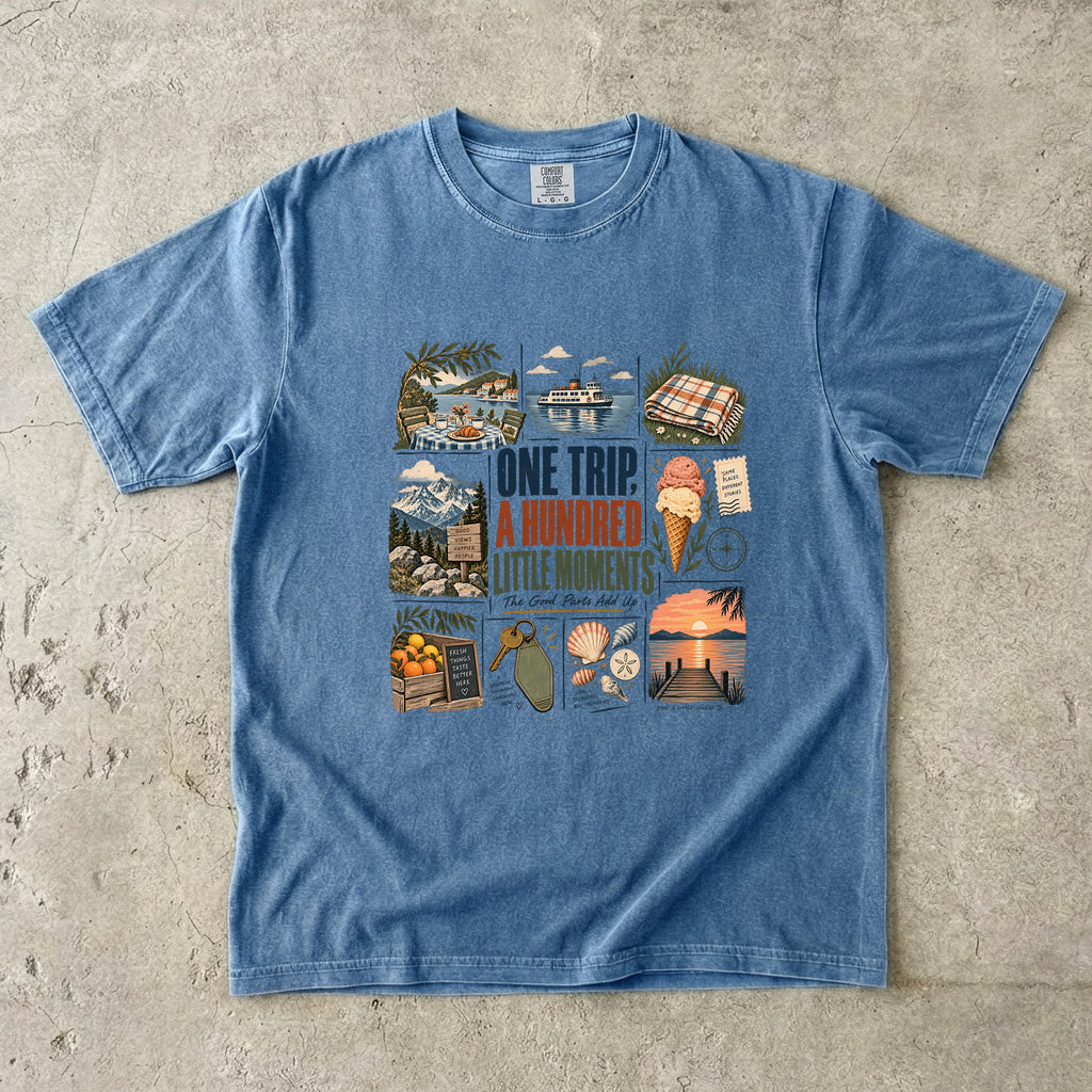 One Trip a Hundred Little Moments Family Travel Shirt in Blue Jean – flat lay