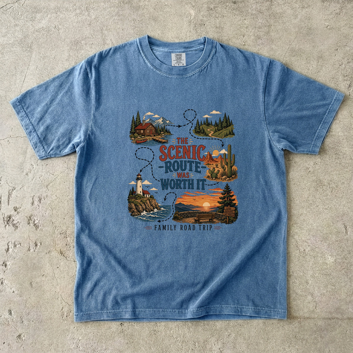 The Scenic Route Was Worth It Road Trip Shirt in Blue Jean – flat lay