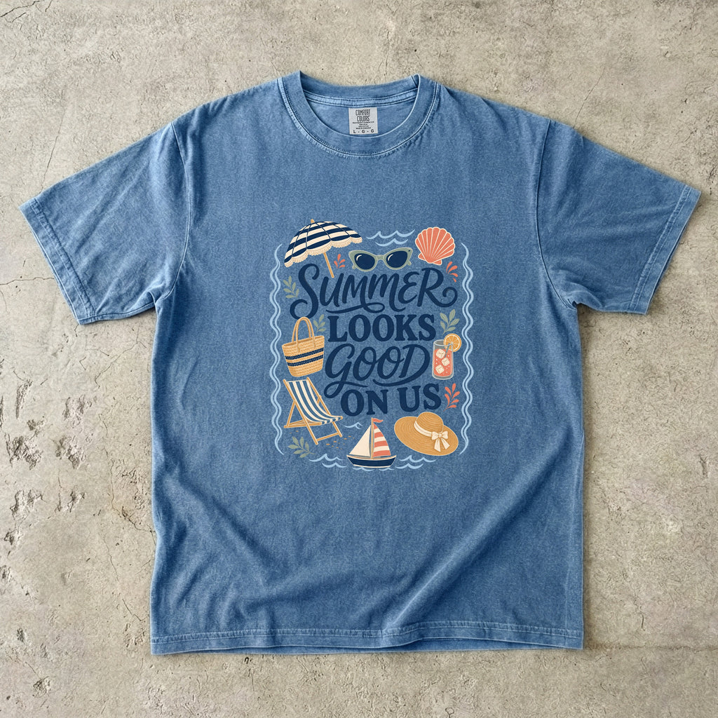 Summer Looks Good On Us Beach Vacation Shirt in Blue Jean – flat lay