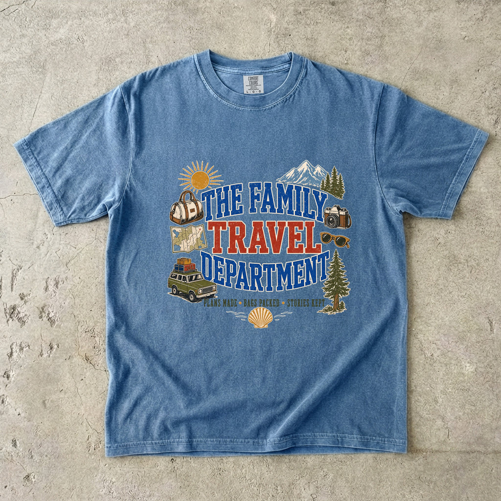 The Family Travel Department Road Trip Shirt in Blue Jean – flat lay