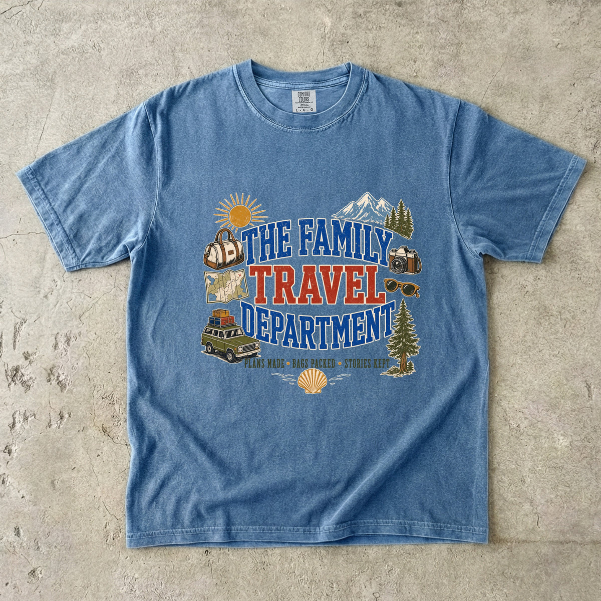 The Family Travel Department Road Trip Shirt in Blue Jean – flat lay