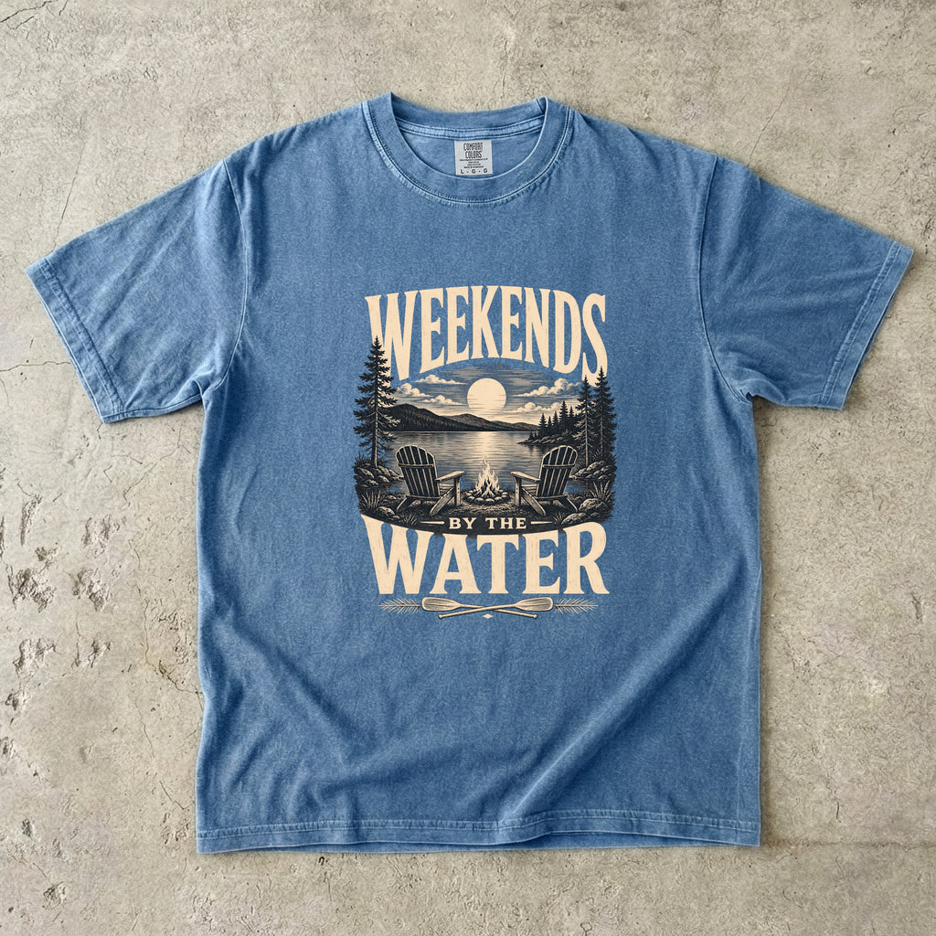 Weekends by the Water Lake Vacation Shirt in Blue Jean – flat lay