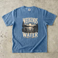 Weekends by the Water Lake Vacation Shirt in Blue Jean – flat lay