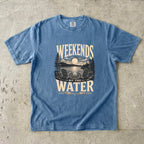 Weekends by the Water Lake Vacation Shirt in Blue Jean – flat lay