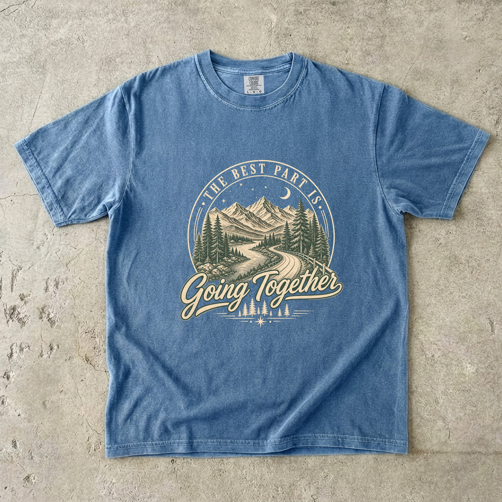 The Best Part Is Going Together Road Trip Shirt in Blue Jean – flat lay