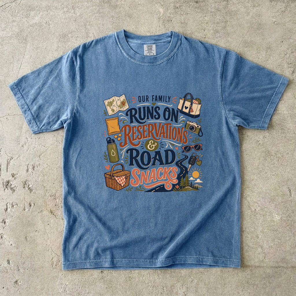 Our Family Runs on Reservations and Road Snacks Road Trip Shirt in Blue Jean – flat lay