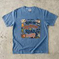Our Family Runs on Reservations and Road Snacks Road Trip Shirt in Blue Jean – flat lay