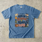 Our Family Runs on Reservations and Road Snacks Road Trip Shirt in Blue Jean – flat lay