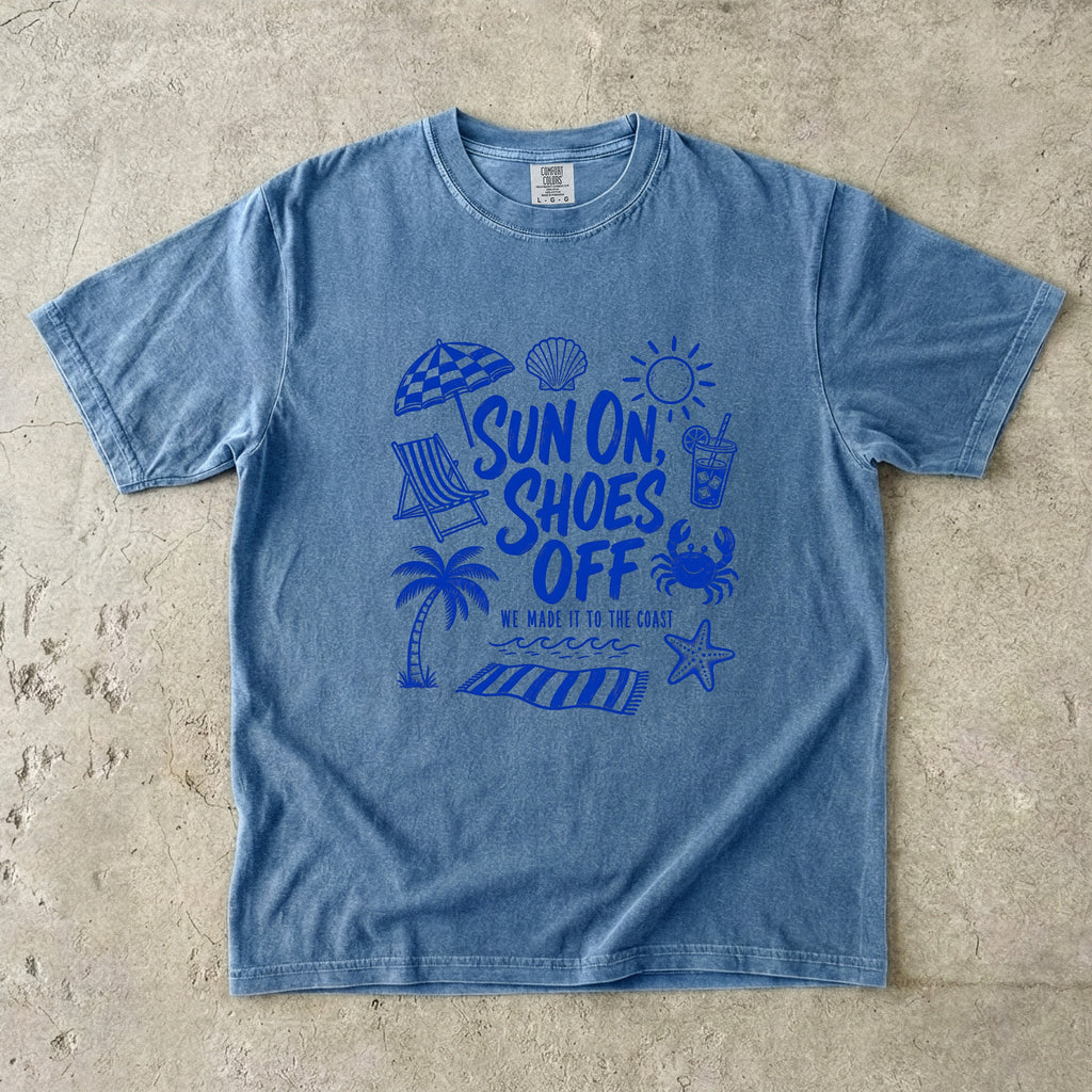 Sun On Shoes Off Beach Vacation Shirt in Blue Jean – flat lay