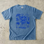 Sun On Shoes Off Beach Vacation Shirt in Blue Jean – flat lay