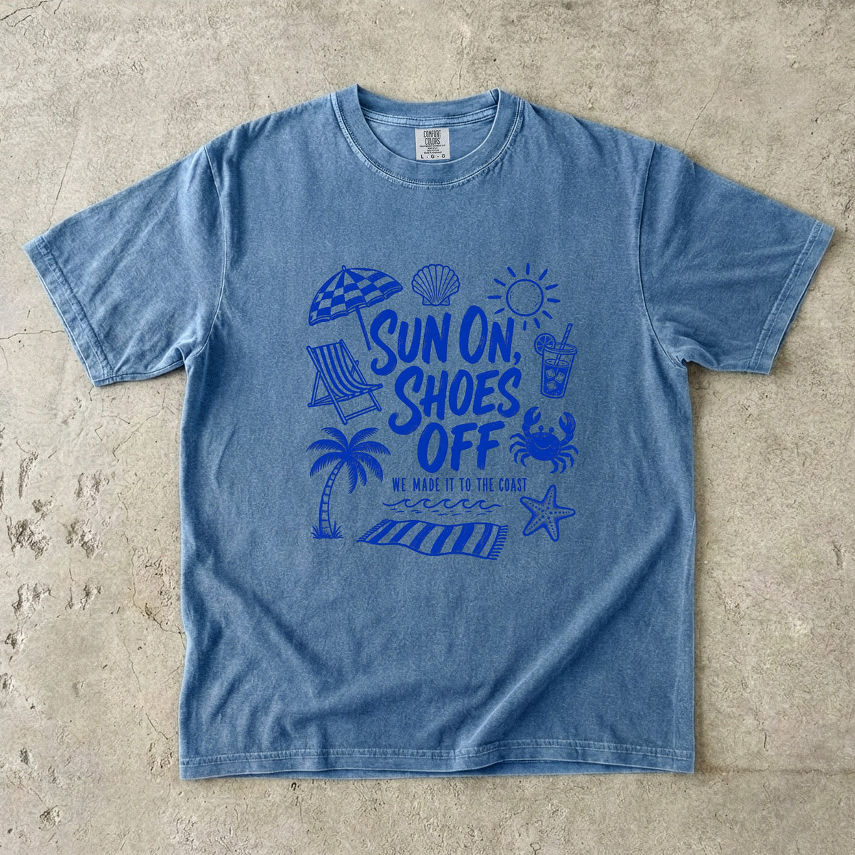 Sun On Shoes Off Beach Vacation Shirt in Blue Jean – flat lay