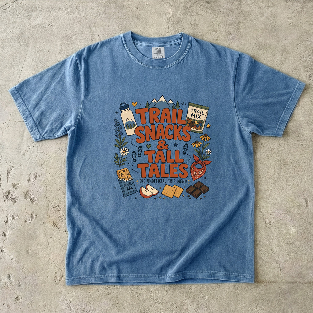 Trail Snacks and Tall Tales Mountain Adventure Shirt in Blue Jean – flat lay