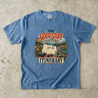 The Good Stuff Happens Off the Itinerary Travel Mom Shirt in Blue Jean – flat lay