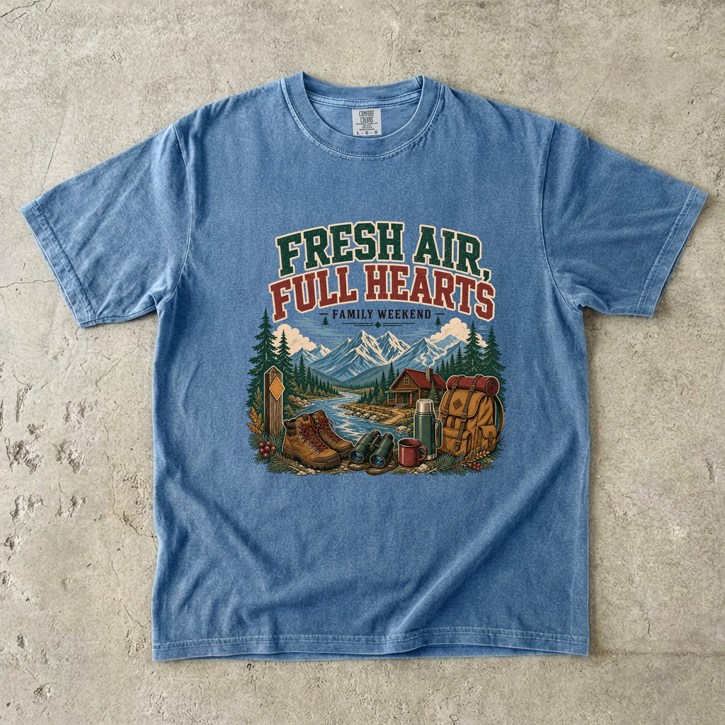 Fresh Air Full Hearts Cabin Weekend Shirt in Blue Jean – flat lay