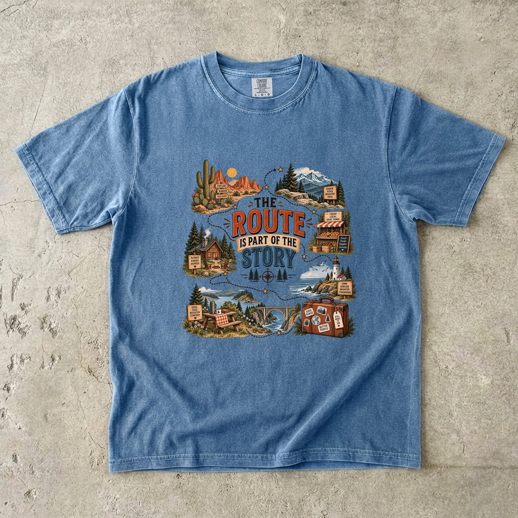 The Route Is Part of the Story Road Trip Shirt in Blue Jean – flat lay