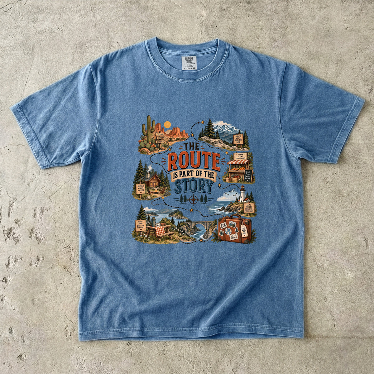 The Route Is Part of the Story Road Trip Shirt in Blue Jean – flat lay