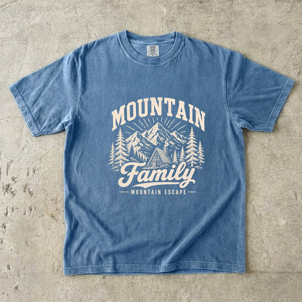 Family Mountain Escape Shirt in Blue Jean – flat lay