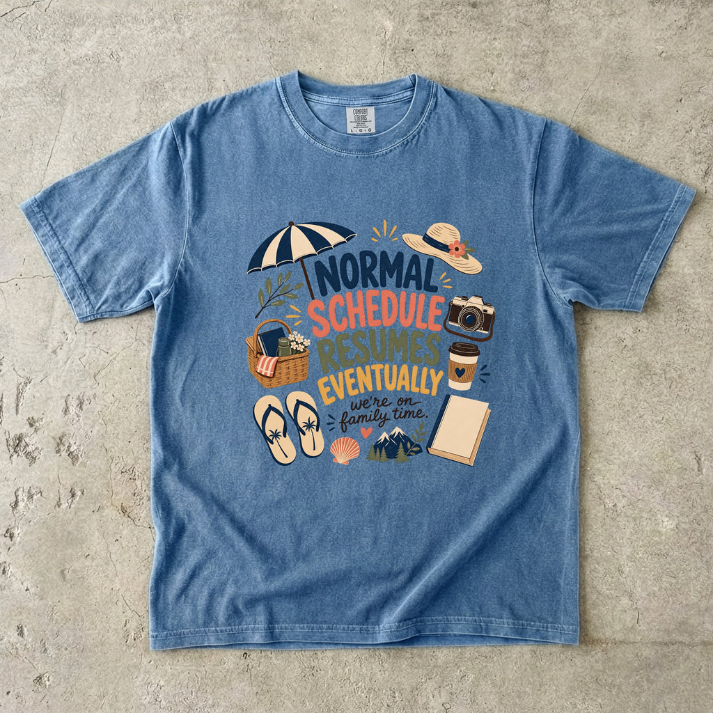 Normal Schedule Resumes Eventually Family Getaway Shirt in Blue Jean – flat lay