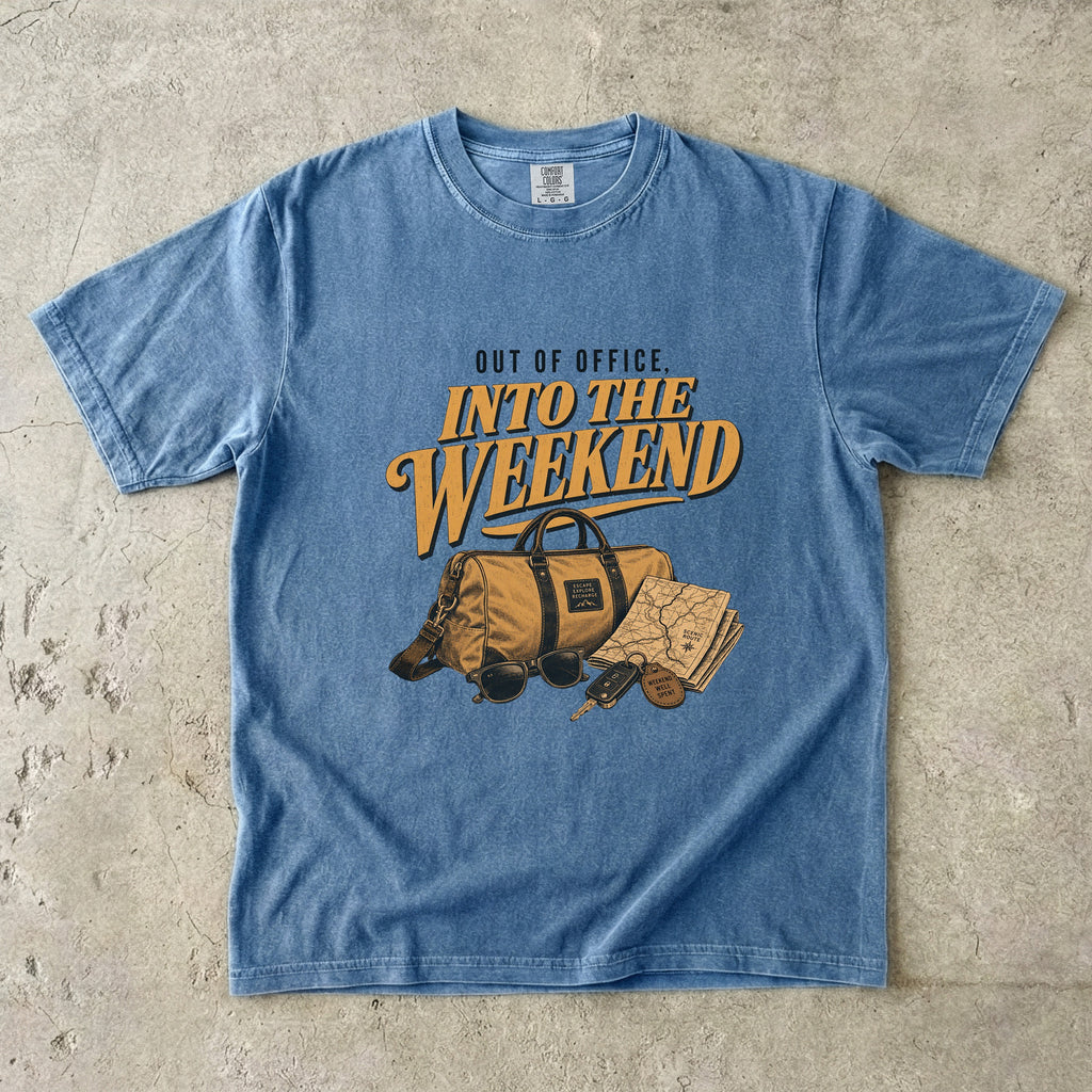 Out of Office Into the Weekend Family Getaway Shirt in Blue Jean – flat lay