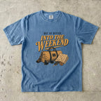 Out of Office Into the Weekend Family Getaway Shirt in Blue Jean – flat lay