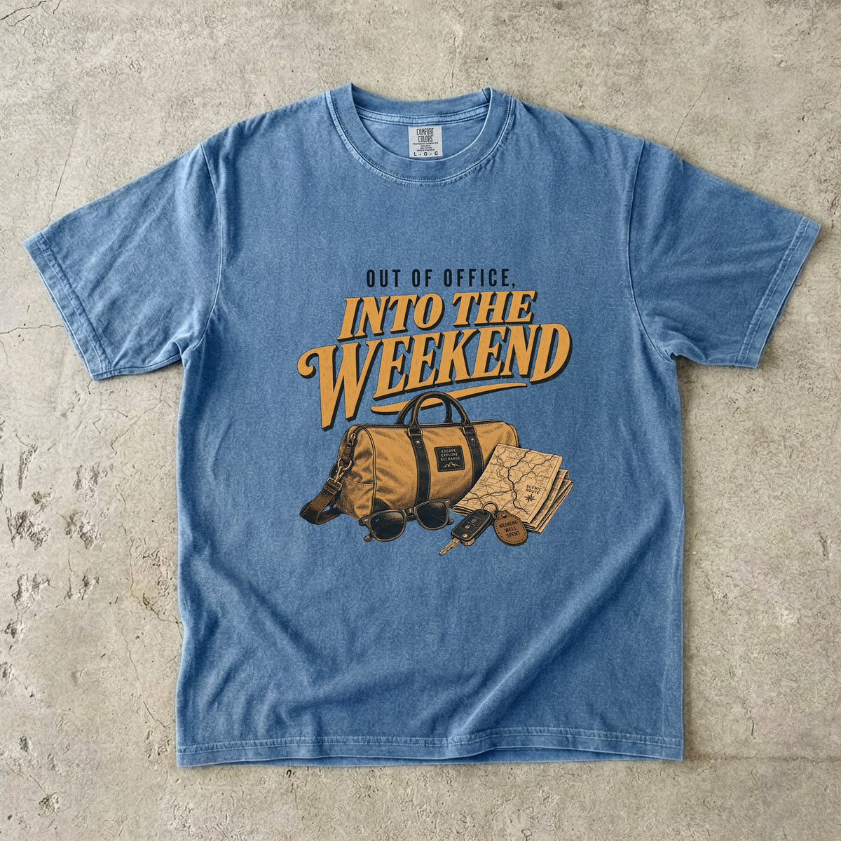 Out of Office Into the Weekend Family Getaway Shirt in Blue Jean – flat lay