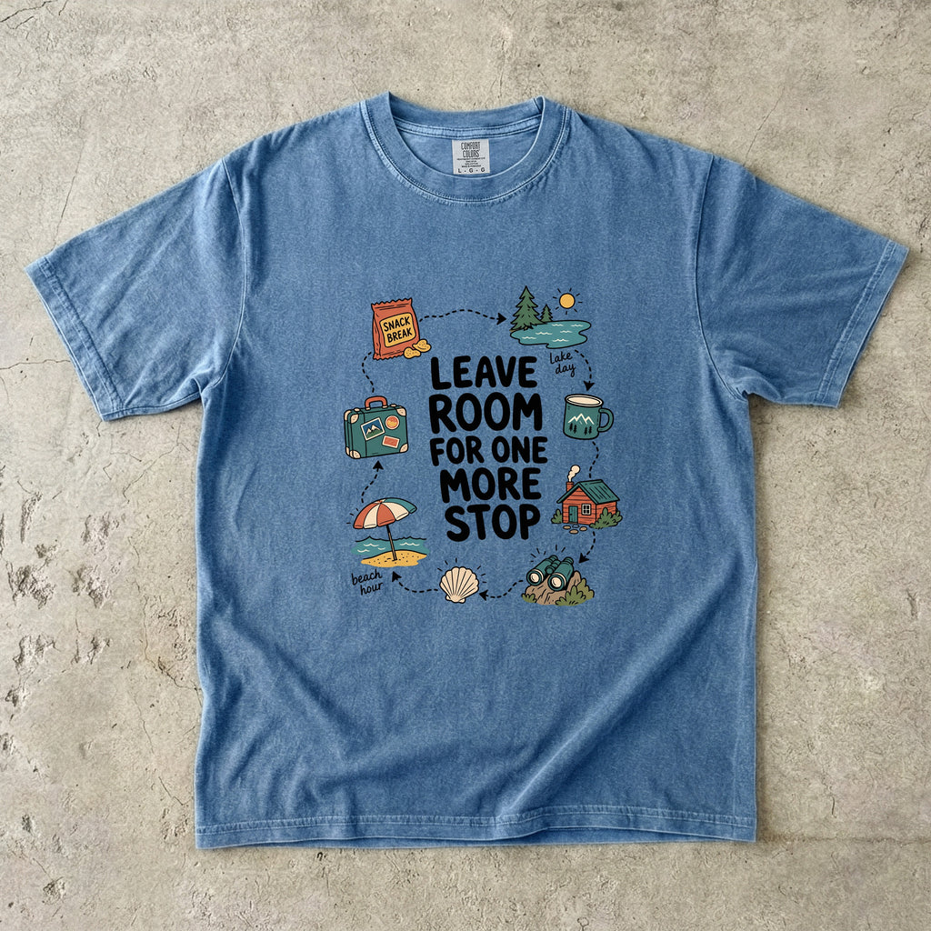 Leave Room for One More Stop Road Trip Shirt in Blue Jean – flat lay
