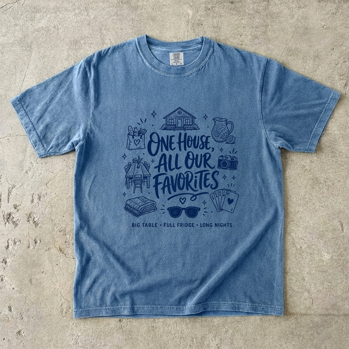 One House All Our Favorites Family Getaway Shirt in Blue Jean – flat lay