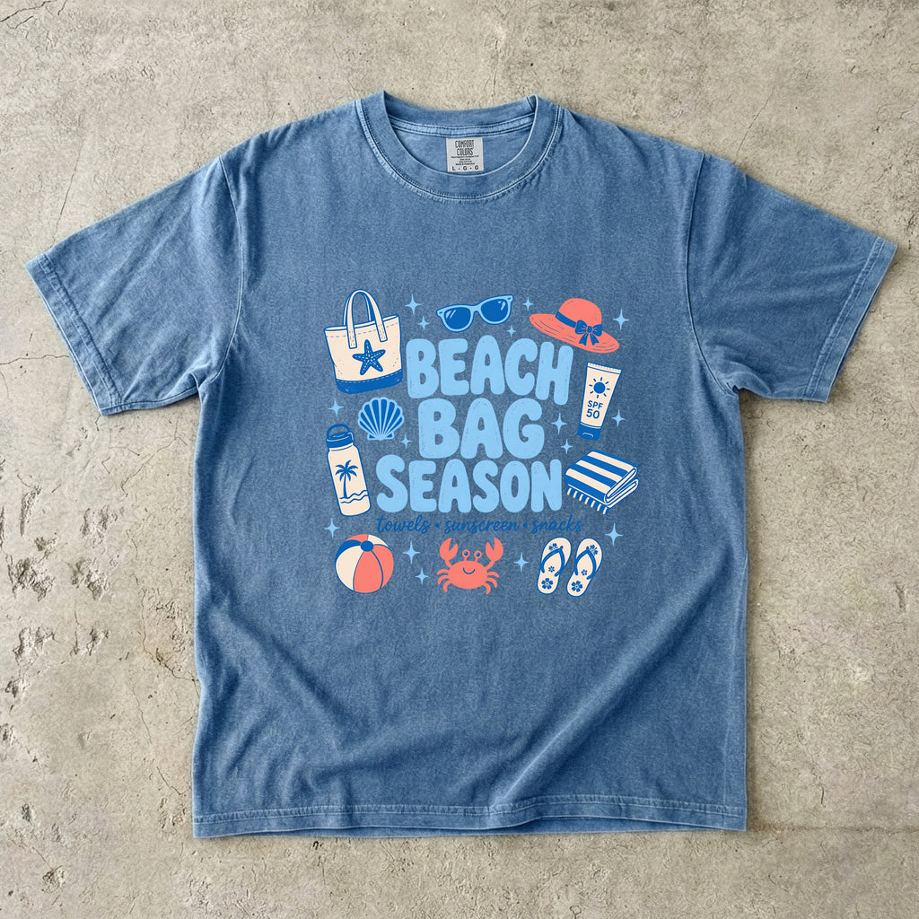 Beach Bag Season Beach Vacation Shirt in Blue Jean – flat lay