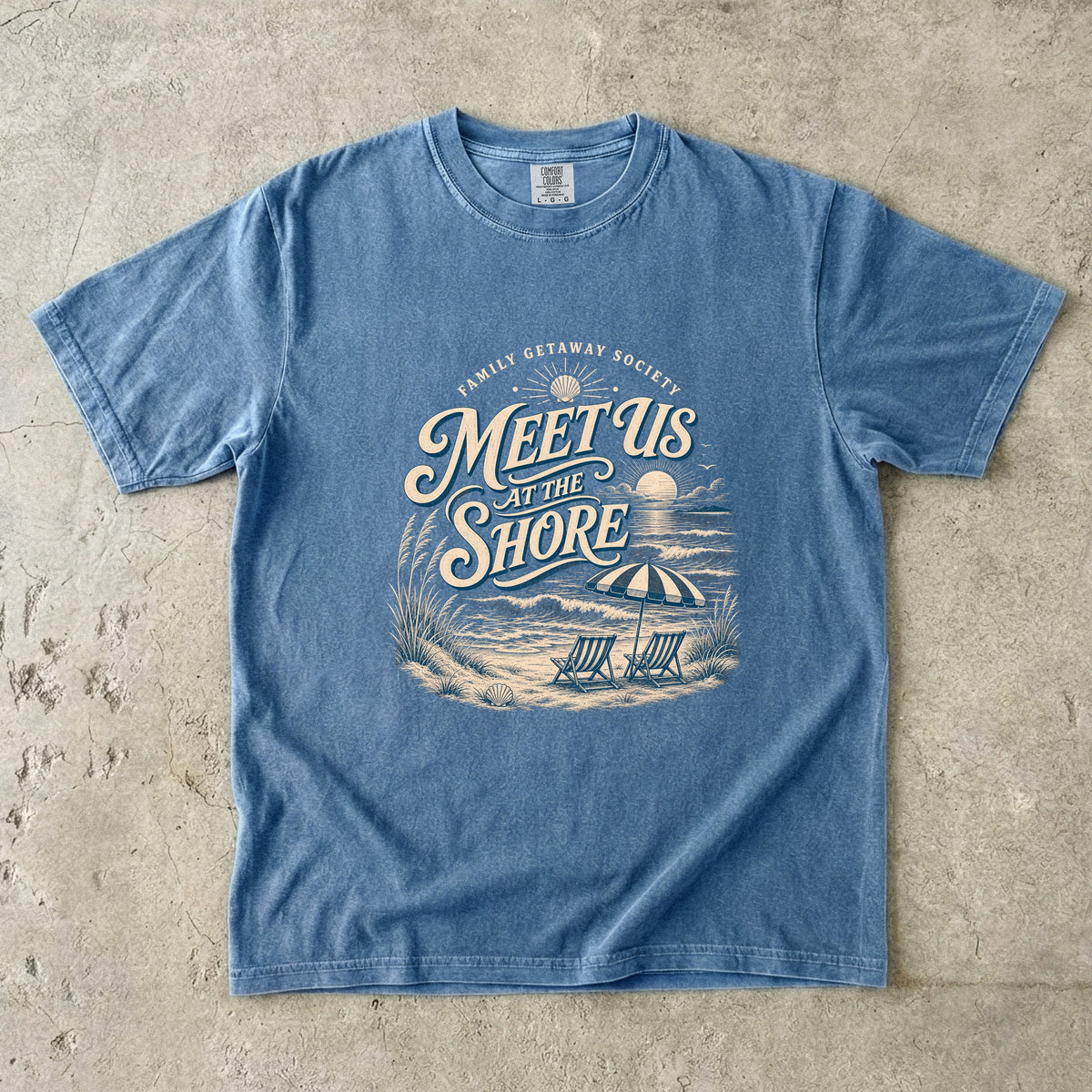 Meet Us at the Shore Beach Vacation Shirt in Blue Jean – flat lay