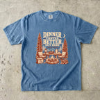 Dinner Tastes Better Out Here Camping Shirt in Blue Jean – flat lay