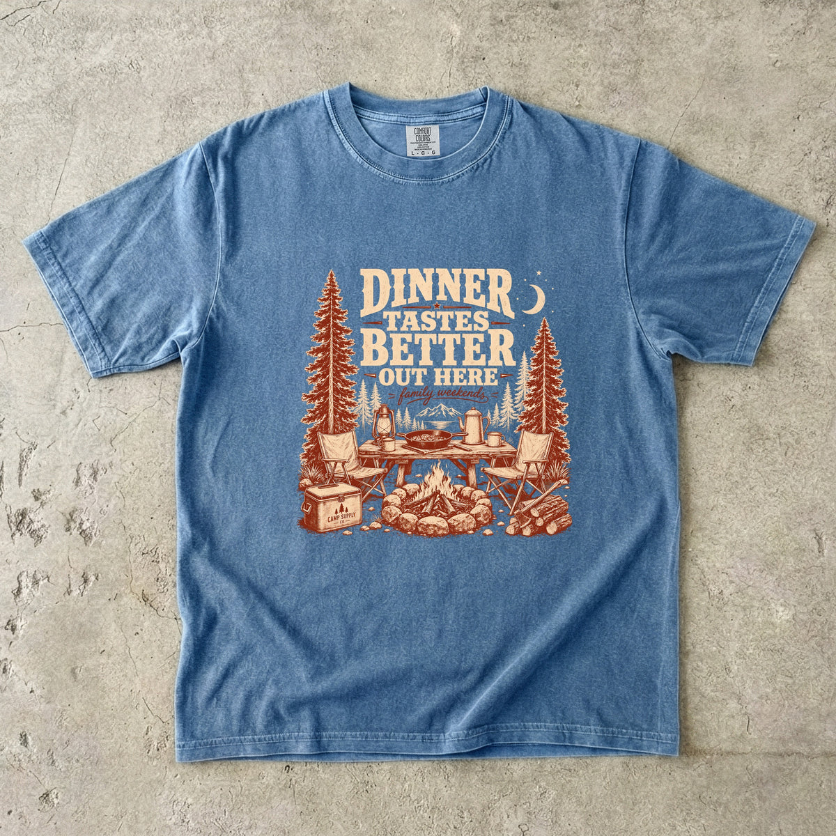 Dinner Tastes Better Out Here Camping Shirt in Blue Jean – flat lay