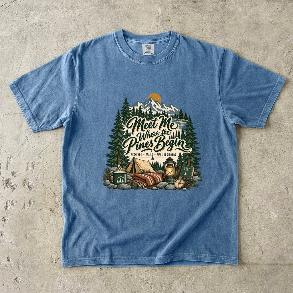 Meet Me Where the Pines Begin Mountain Camping Shirt in Blue Jean – flat lay