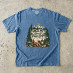 Meet Me Where the Pines Begin Mountain Camping Shirt in Blue Jean – flat lay