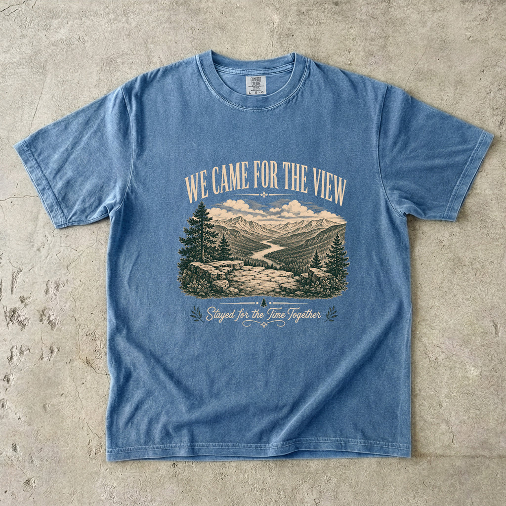 We Came for the View Mountain Adventure Shirt in Blue Jean – flat lay