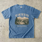 We Came for the View Mountain Adventure Shirt in Blue Jean – flat lay