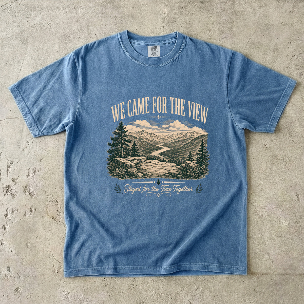 We Came for the View Mountain Adventure Shirt in Blue Jean – flat lay