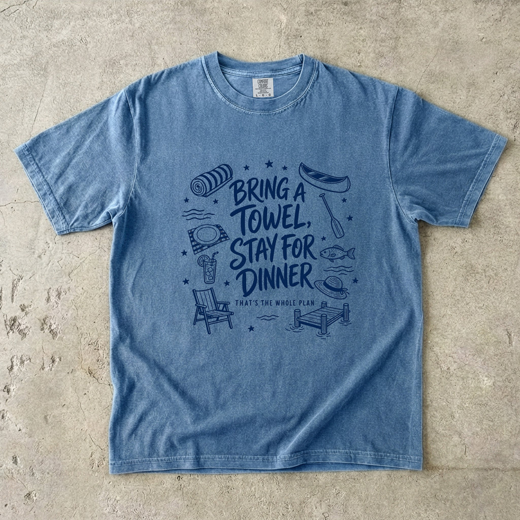Bring a Towel Stay for Dinner Lake Vacation Shirt in Blue Jean – flat lay