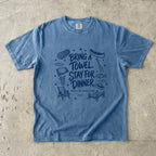 Bring a Towel Stay for Dinner Lake Vacation Shirt in Blue Jean – flat lay