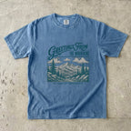 Greetings from the Mountains Family Getaway Shirt in Blue Jean – flat lay