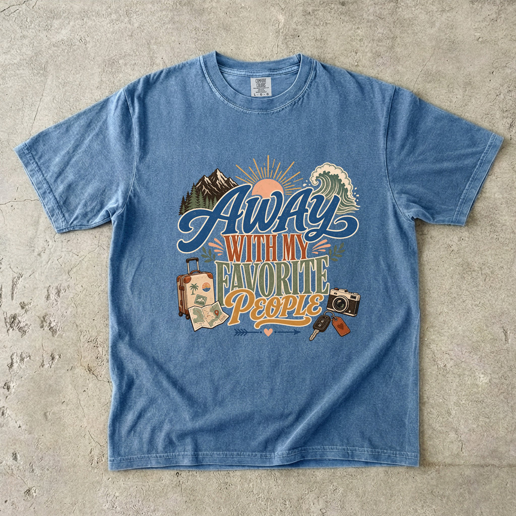 Away with My Favorite People Travel Mom Shirt in Blue Jean – flat lay