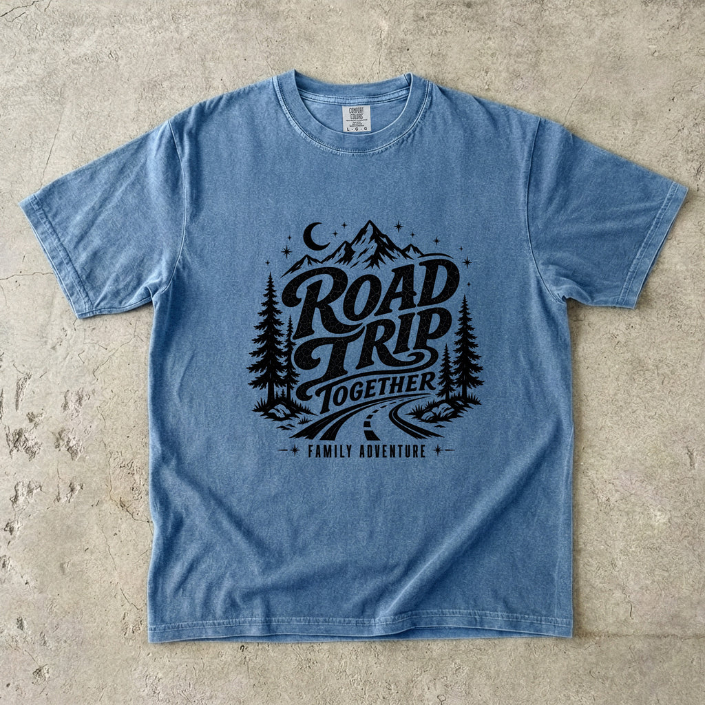 Road Trip Together Family Adventure Shirt in Blue Jean – flat lay