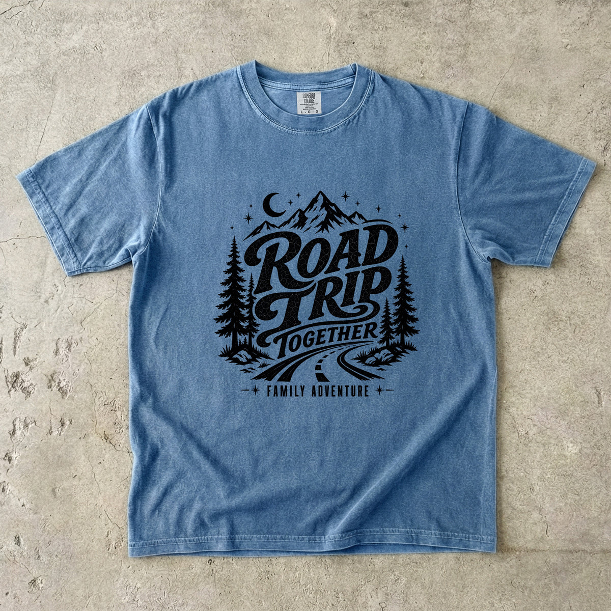 Road Trip Together Family Adventure Shirt in Blue Jean – flat lay