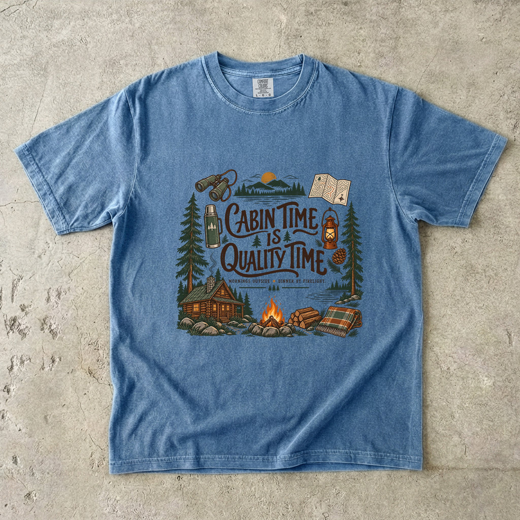 Cabin Time Is Quality Time Lake Vacation Shirt in Blue Jean – flat lay