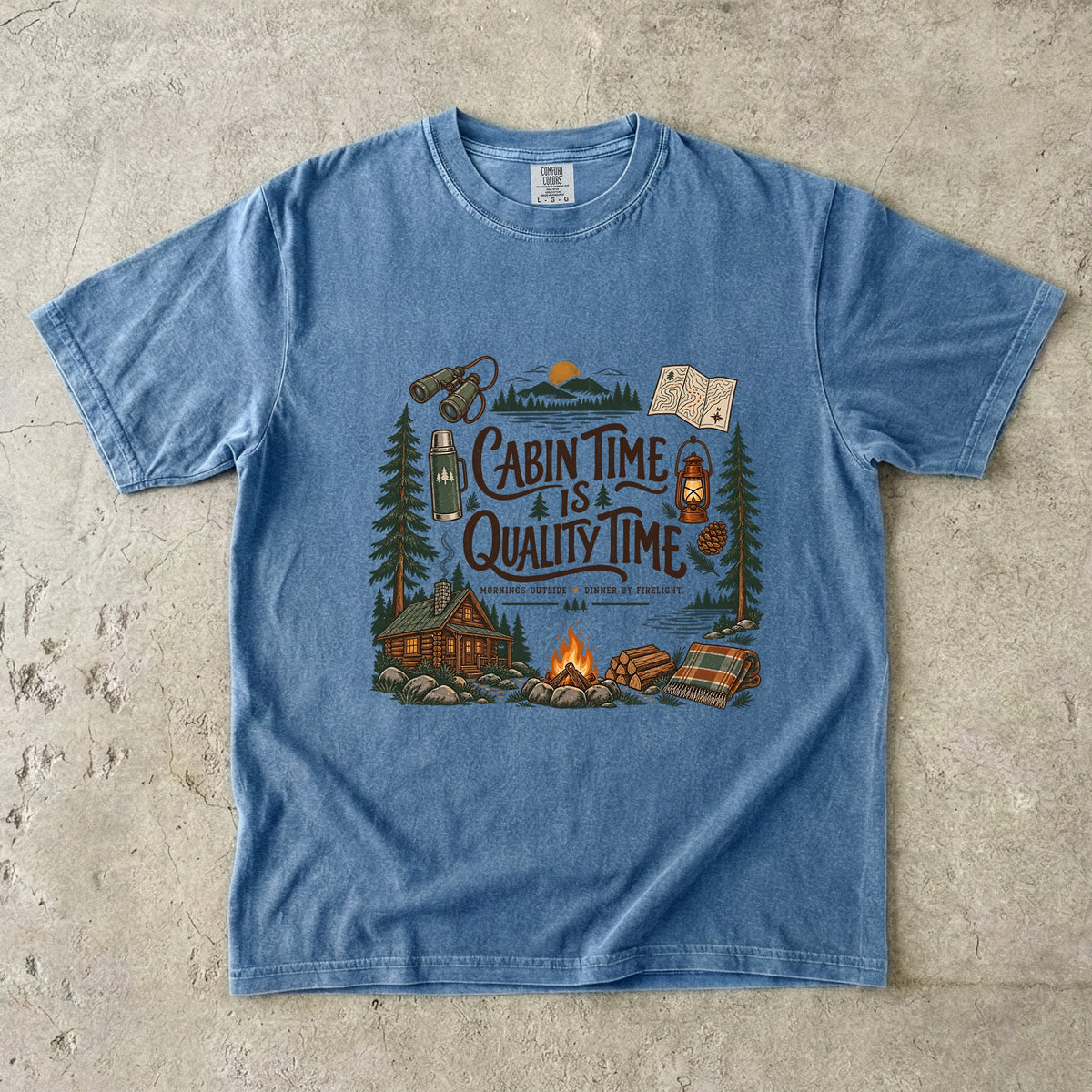 Cabin Time Is Quality Time Lake Vacation Shirt in Blue Jean – flat lay