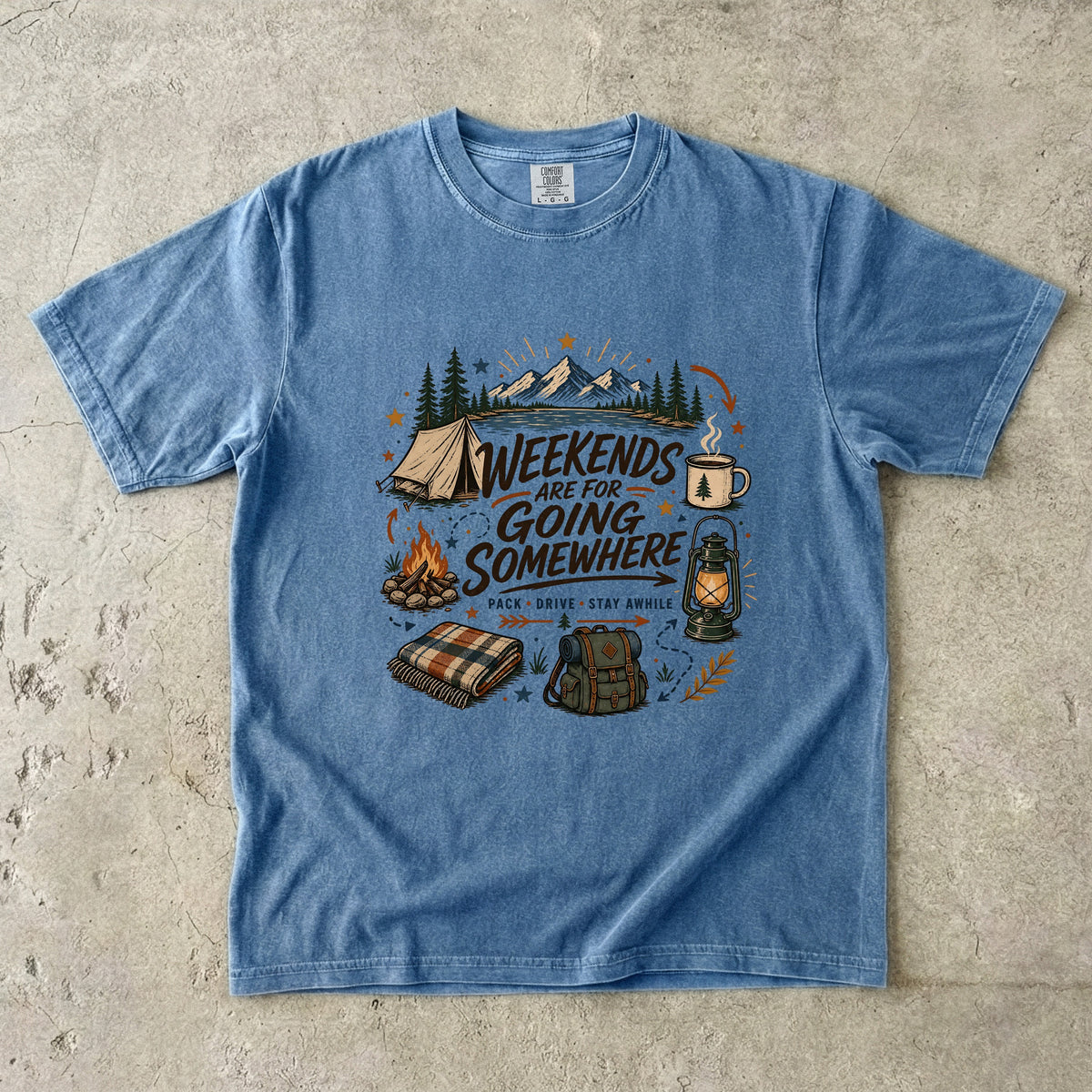 Weekends Are for Going Somewhere Camping Shirt in Blue Jean – flat lay