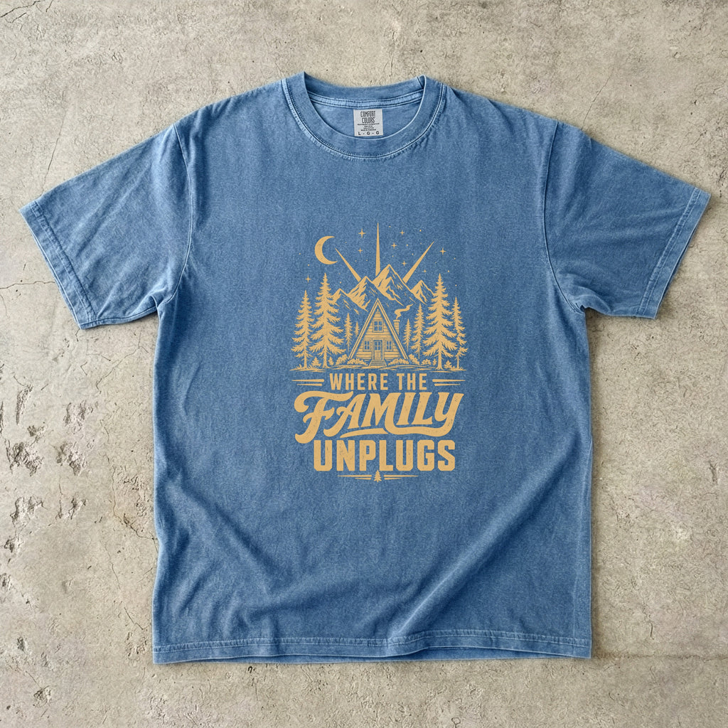 Where the Family Unplugs Cabin Shirt in Blue Jean – flat lay