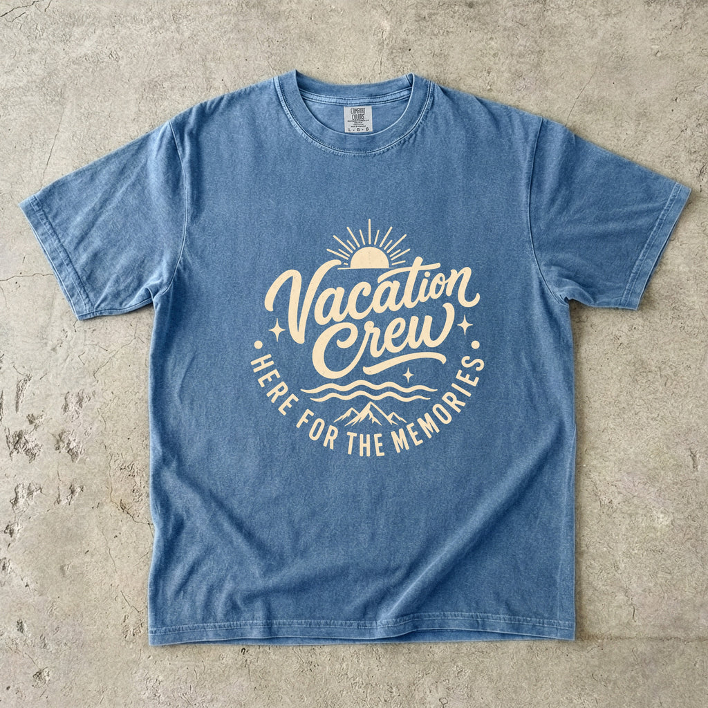 Vacation Crew Here for the Memories Shirt in Blue Jean – flat lay
