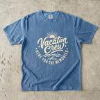 Vacation Crew Here for the Memories Shirt in Blue Jean – flat lay