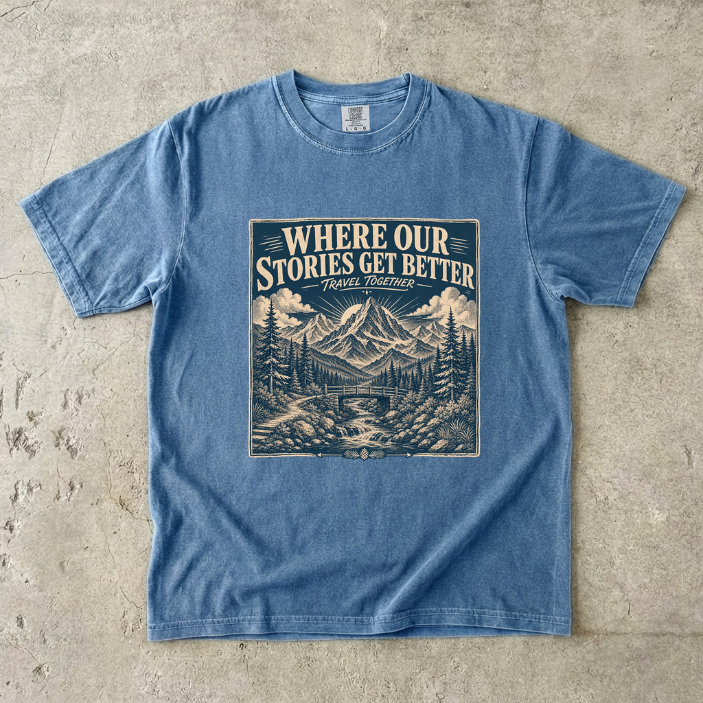Where Our Stories Get Better Mountain Adventure Shirt in Blue Jean – flat lay