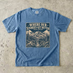 Where Our Stories Get Better Mountain Adventure Shirt in Blue Jean – flat lay